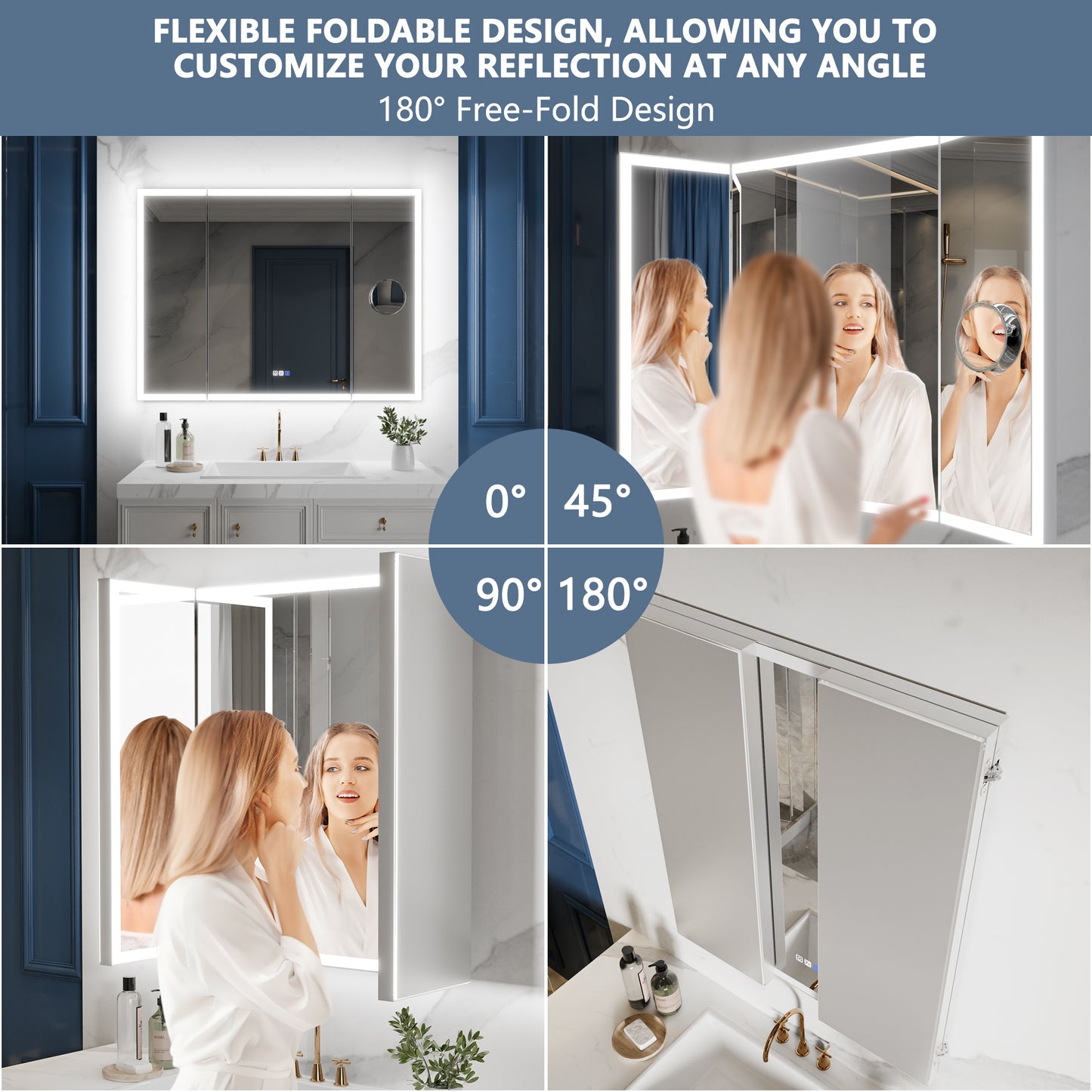 TriFold 54" W x 36" H LED Lighted Tri-Fold Bathroom Mirror, Front & Back Lighting, with Movable 10X Magnifying Mirror