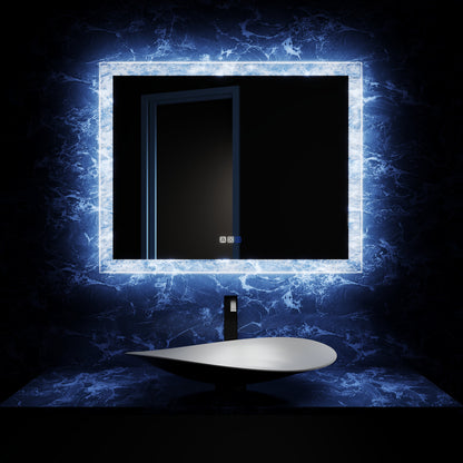 Glacy Series 40" x 32" Rectangle LED Bathroom Mirror – Ice Textures Edge, Smart Dimming, Defogger, ETL Certified