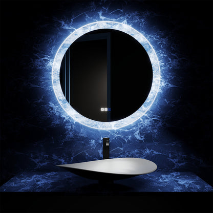 Glacy Series 30" x 30" Round LED Bathroom Mirror – Ice Textures Edge, Smart Dimming, Defogger, ETL Certified