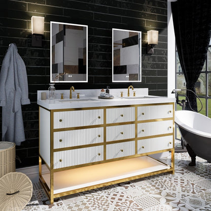 Brillare 60" LED Bath Vanity With Sink,Cultured Marble Top,White,Solid Oak Build,Soft-Close Hinges,8 in fuaucet holes