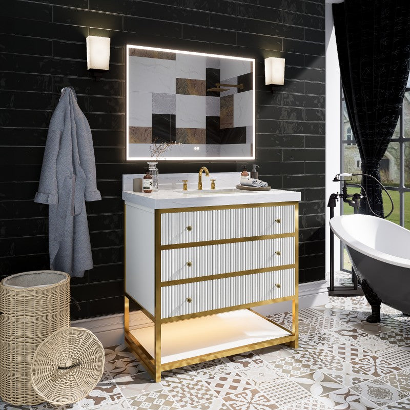 Brillare 36" LED Bath Vanity With Sink,Cultured Marble Top,White,Solid Oak Build,Soft-Close Hinges,8 in fuaucet holes