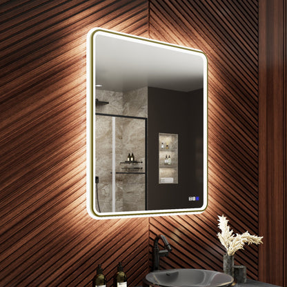 Lumina 30" W x 36" H LED Lighted Bathroom Mirror,High Illuminate, Inner & Outer Lighting,Anti-Fog, Dimmable,Black Golden with Rounded Corners