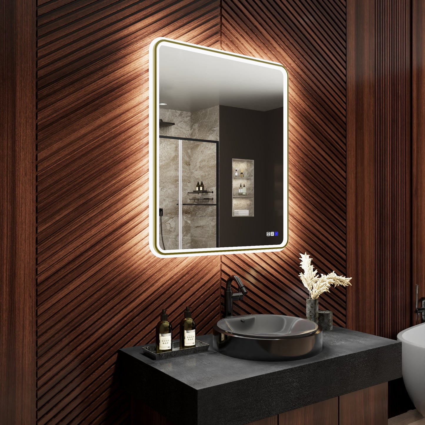 Lumina 30" W x 36" H LED Lighted Bathroom Mirror,High Illuminate, Inner & Outer Lighting,Anti-Fog, Dimmable,Black Golden with Rounded Corners