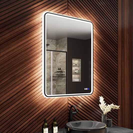 Lumina 28" W x 36" H LED Lighted Bathroom Mirror,High Illuminate, Inner & Outer Lighting,Anti-Fog, Dimmable,Black Frame with Rounded Corners