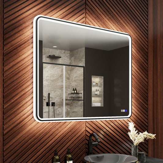 Lumina 40" W x 32" H LED Lighted Bathroom Mirror,High Illuminate, Inner & Outer Lighting,Anti-Fog, Dimmable,Black Frame with Rounded Corners