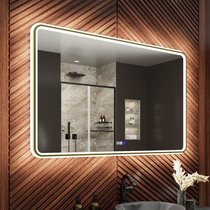 Lumina 48" W x 30" H LED Lighted Bathroom Mirror,High Illuminate, Inner & Outer Lighting,Anti-Fog, Dimmable, Golden Frame with Rounded Corners