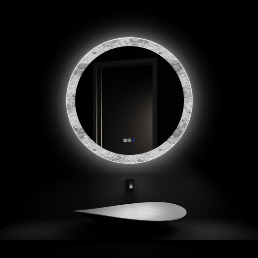 Glacy Series 30" x 30" Round LED Bathroom Mirror – Ice Textures Edge, Smart Dimming, Defogger, ETL Certified