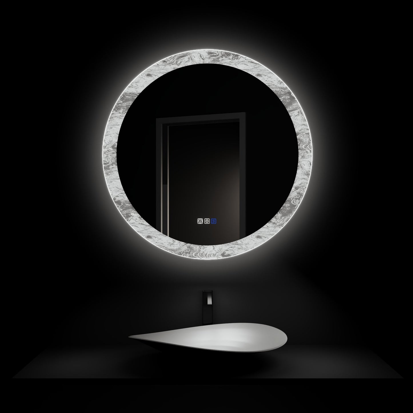 Glacy Series 36" x 36" Round LED Bathroom Mirror – Ice Textures Edge, Smart Dimming, Defogger, ETL Certified