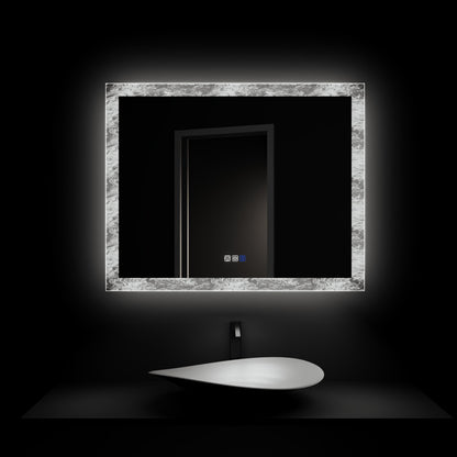 Glacy Series 40" x 32" Rectangle LED Bathroom Mirror – Ice Textures Edge, Smart Dimming, Defogger, ETL Certified