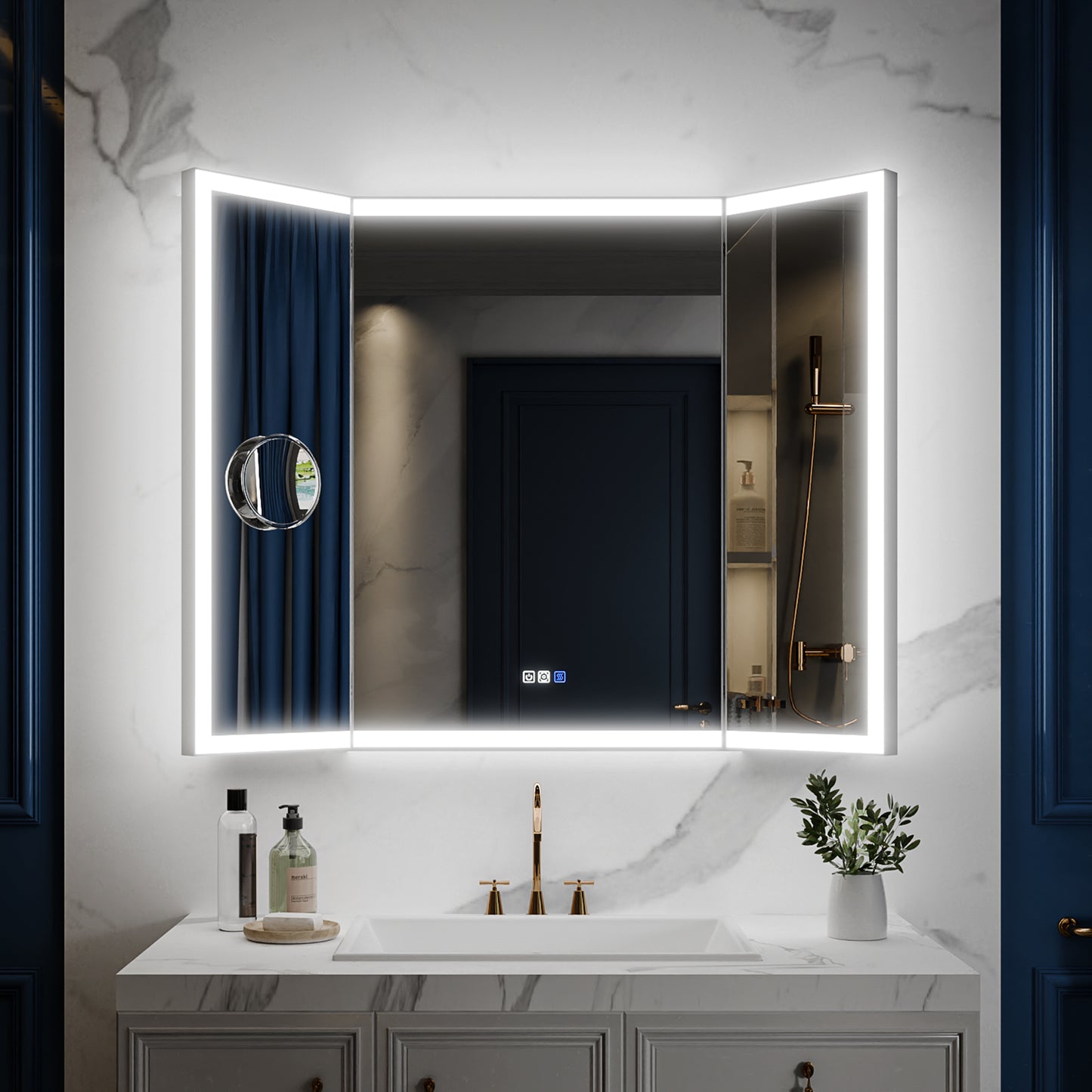 TriFold 48" W x 36" H LED Lighted Tri-Fold Bathroom Mirror, Front & Back Lighting, with Movable 10X Magnifying Mirror