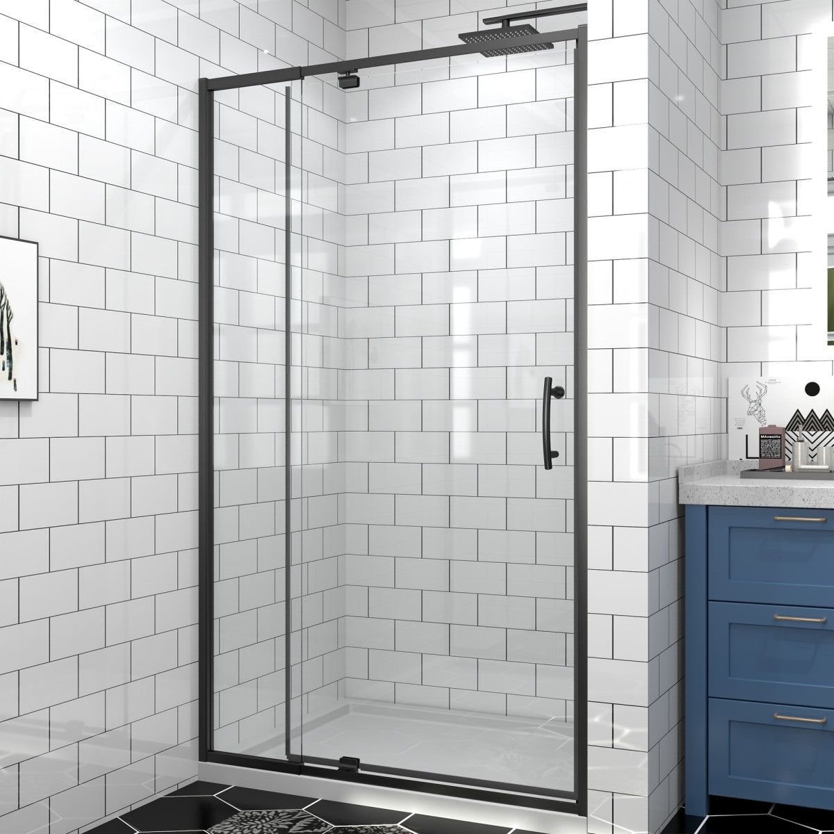 Flexi Showers 28-32" W x 72" H Glass Shower Doos Semi-Frameless,6mm Clear Tempered Glass Panel, Black Finish