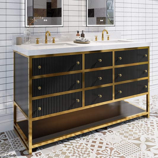 Brillare 60" LED Bath Vanity With Sink,Cultured Marble Top,Black,Solid Oak Build,Soft-Close Hinges,8 in fuaucet holes