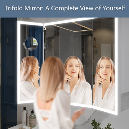 TriFold 48" W x 36" H LED Lighted Tri-Fold Bathroom Mirror, Front & Back Lighting, with Movable 10X Magnifying Mirror