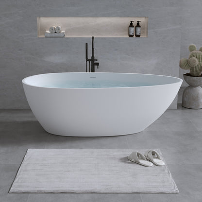 Exbrite 59'' Freestanding Solid Surface Resin Stone Bathtub,Free Standing Tub with Overflow and Pop-up Drain, Matte White