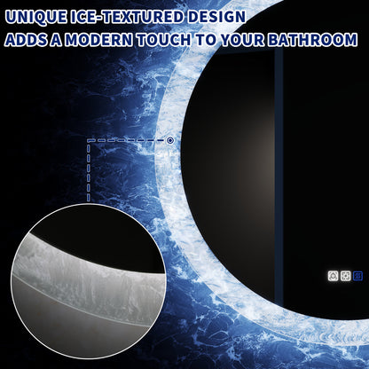 Glacy Series 30" x 30" Round LED Bathroom Mirror – Ice Textures Edge, Smart Dimming, Defogger, ETL Certified