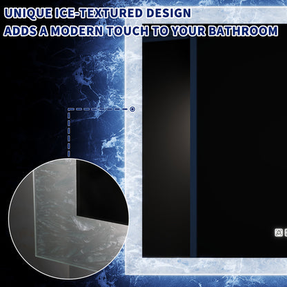 Glacy Series 48" x 32" Rectangle LED Bathroom Mirror – Ice Textures Edge, Smart Dimming, Defogger, ETL Certified