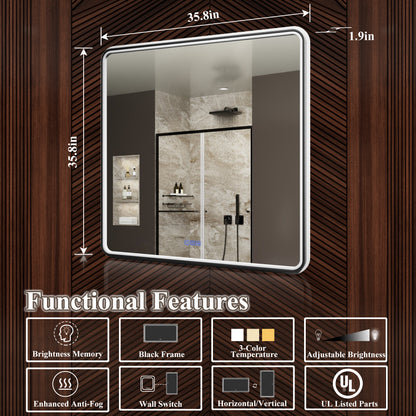 Lumina 36" W x 36" H LED Lighted Bathroom Mirror,High Illuminate, Inner & Outer Lighting,Anti-Fog, Dimmable,Black Frame with Rounded Corners