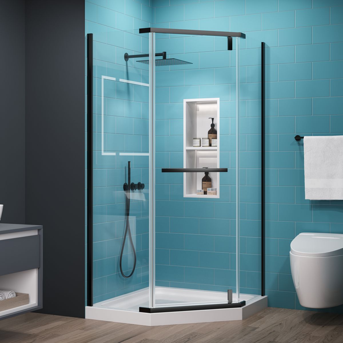 Prism Neo-Angle Frameless Shower Door 38 in. W x 72 in. H,Corner Shower Enclosure,6mm Clear Glass,Pivot Shower Doors,Matte Black,Not Base