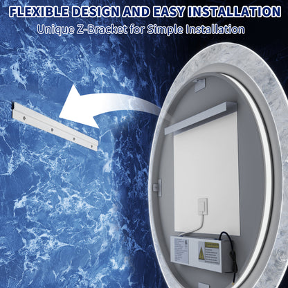 Glacy Series 36" x 36" Round LED Bathroom Mirror – Ice Textures Edge, Smart Dimming, Defogger, ETL Certified