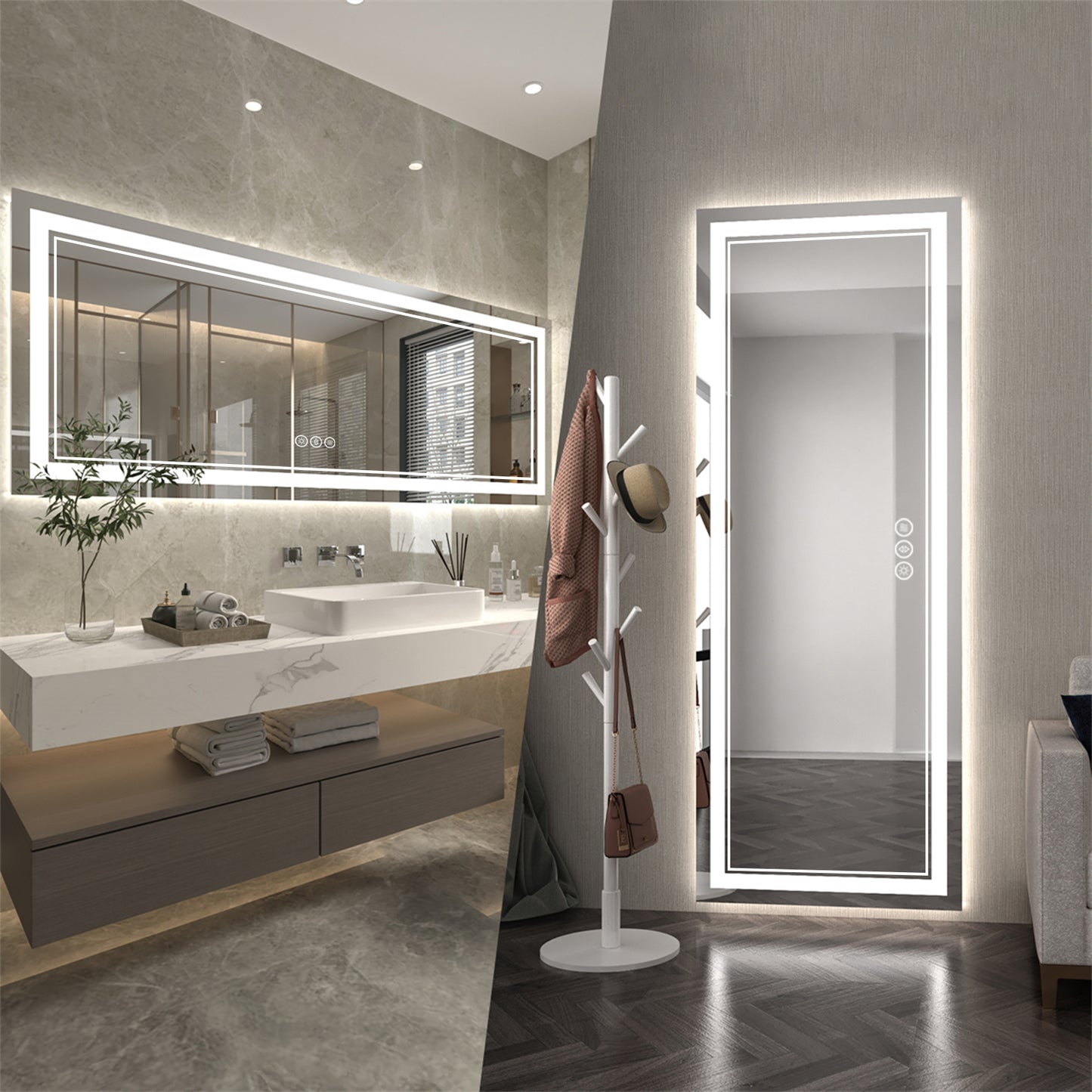 Linea 84" W x 32" H LED Heated Bathroom Mirror,Anti Fog,Dimmable,Front-Lighted and Backlit, Tempered Glass