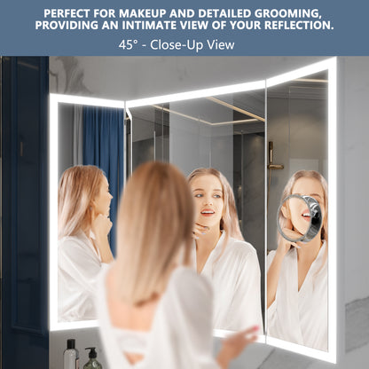 TriFold 54" W x 36" H LED Lighted Tri-Fold Bathroom Mirror, Front & Back Lighting, with Movable 10X Magnifying Mirror