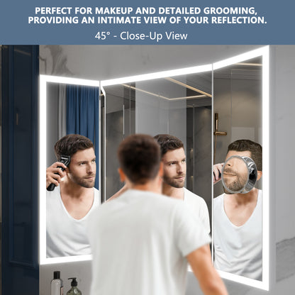 TriFold 60" W x 36" H LED Lighted Tri-Fold Bathroom Mirror, Front & Back Lighting, with Movable 10X Magnifying Mirror