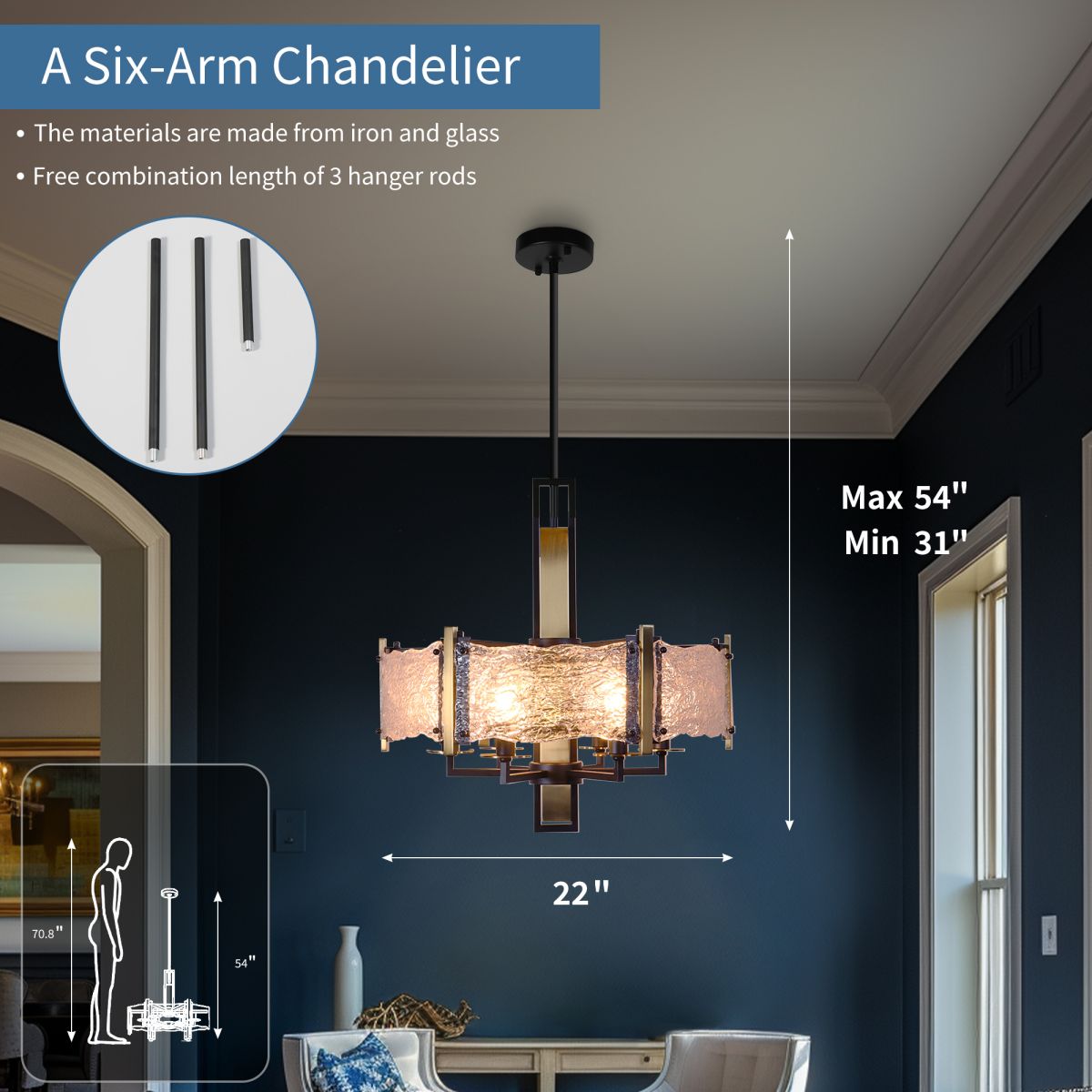 ES-DIY Modern Crystal Pendant Light Fixture Finish,Lighting Crystal Chandelier for Living Room,LED Kitchen Lighting,Matte Black