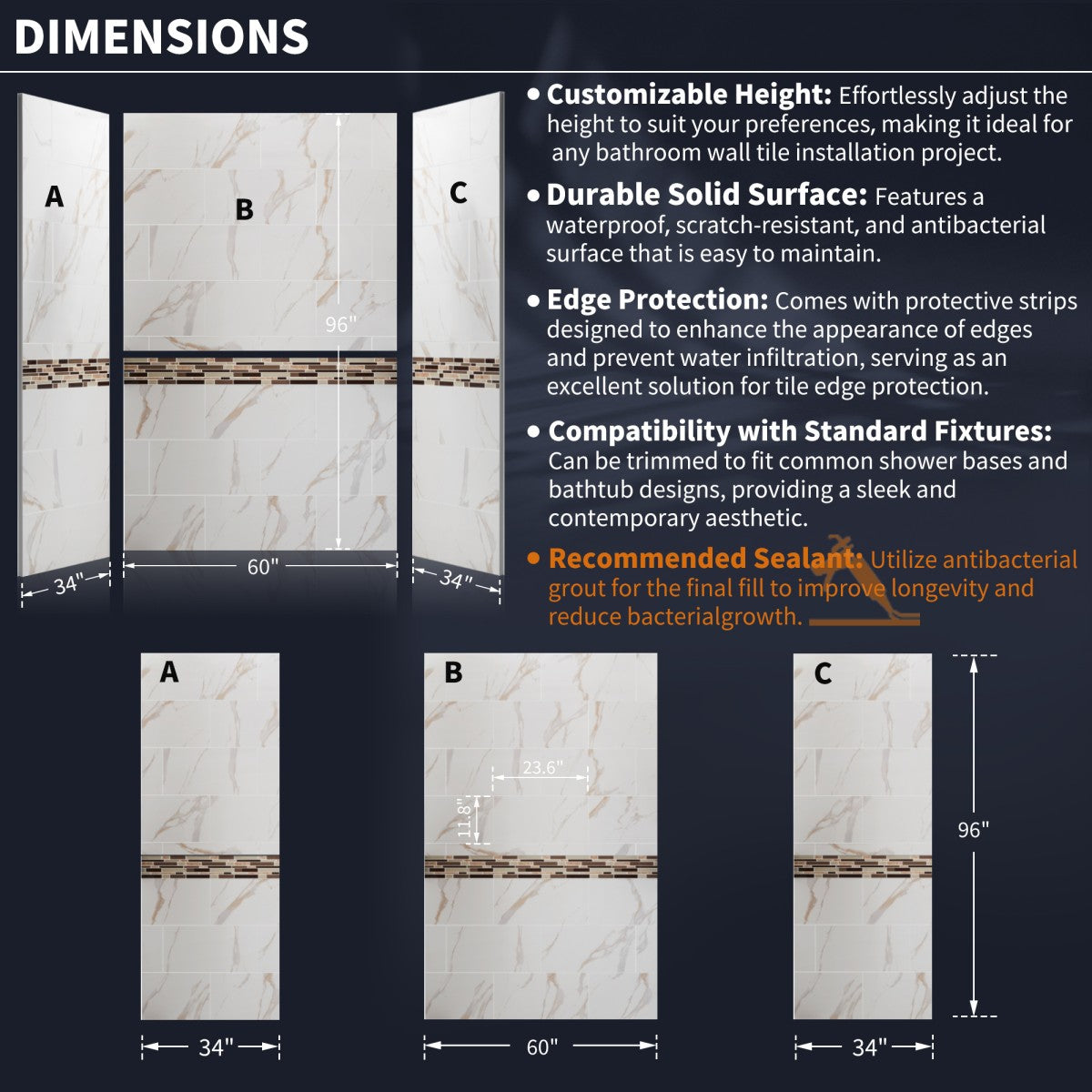 Verona Bathroom Tiles 34"x60"x96"Alcove Stone Shower Wall Kit for Bathroom Remodel,Height adjustable,Fast Installation,Waterproof,Champagne Gold