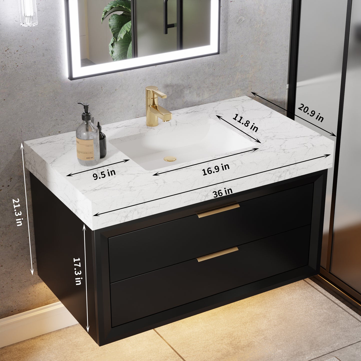 Glam 36" Modern Floating Black Rubberwood Bathroom Vanity Cabinet with Lights and Stone Slab Countertop, Single Sinks