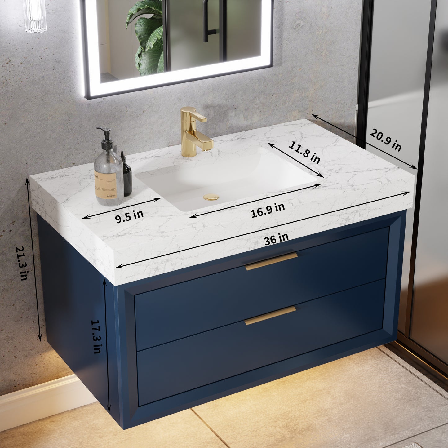 Glam 36" Modern Floating Blue Rubberwood Bathroom Vanity Cabinet with Lights and Stone Slab Countertop, Single Sinks