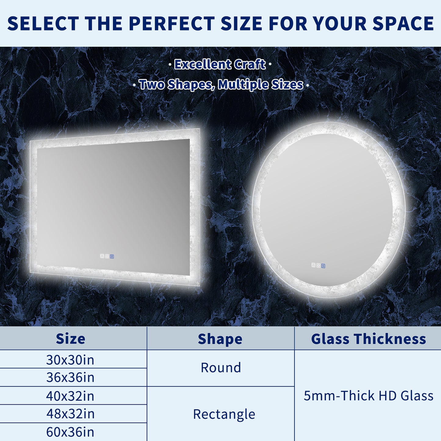 Glacy Series 30" x 30" Round LED Bathroom Mirror – Ice Textures Edge, Smart Dimming, Defogger, ETL Certified