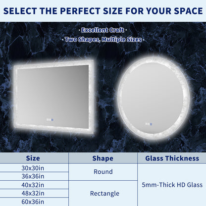 Glacy Series 40" x 32" Rectangle LED Bathroom Mirror – Ice Textures Edge, Smart Dimming, Defogger, ETL Certified