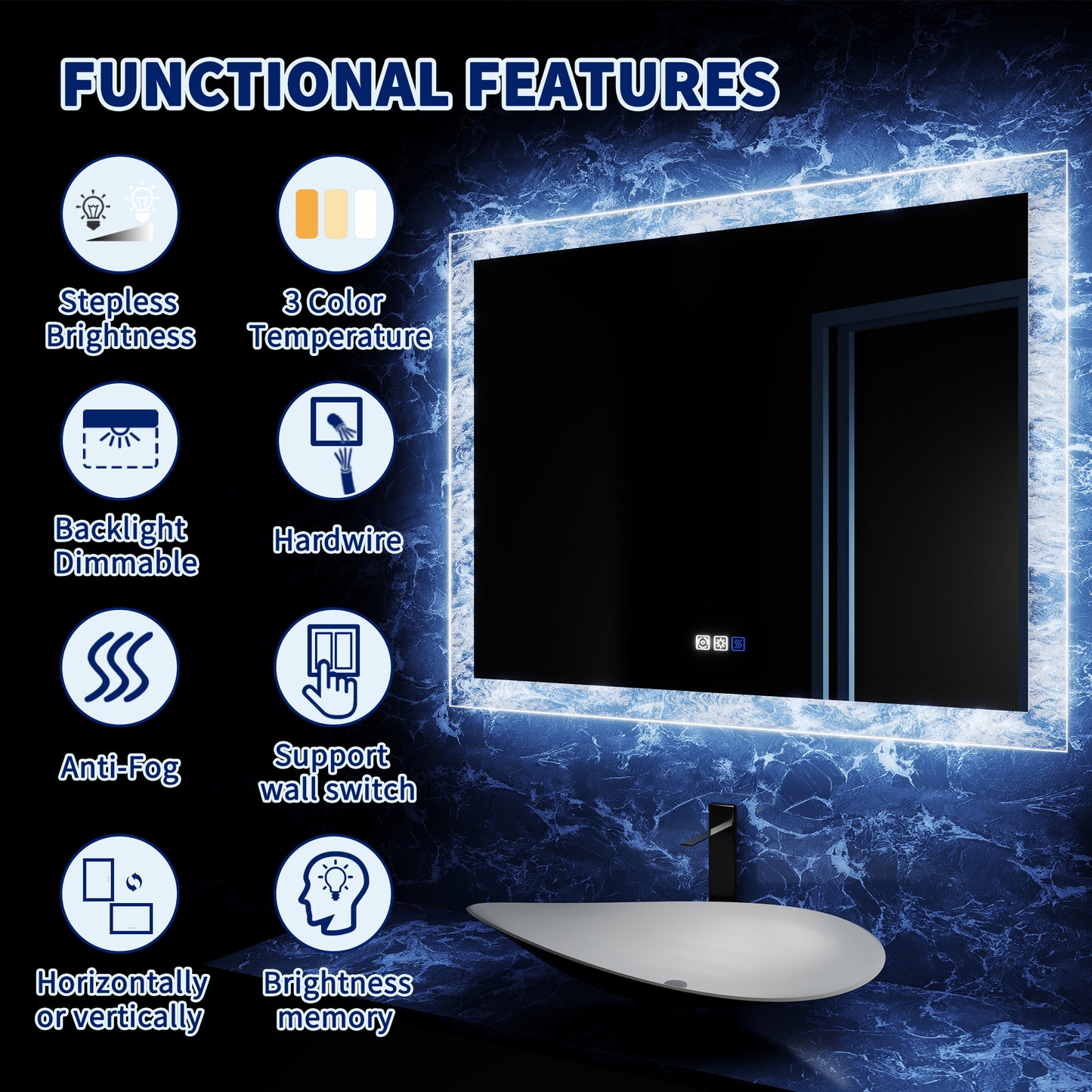 Glacy Series 48" x 32" Rectangle LED Bathroom Mirror – Ice Textures Edge, Smart Dimming, Defogger, ETL Certified