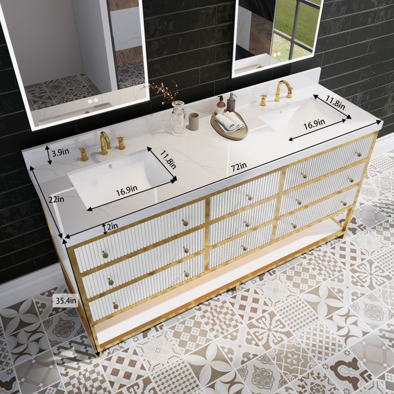 Brillare 72" LED Bath Vanity With Sink,Cultured Marble Top,White,Solid Oak Build,Soft-Close Hinges,8 in fuaucet holes