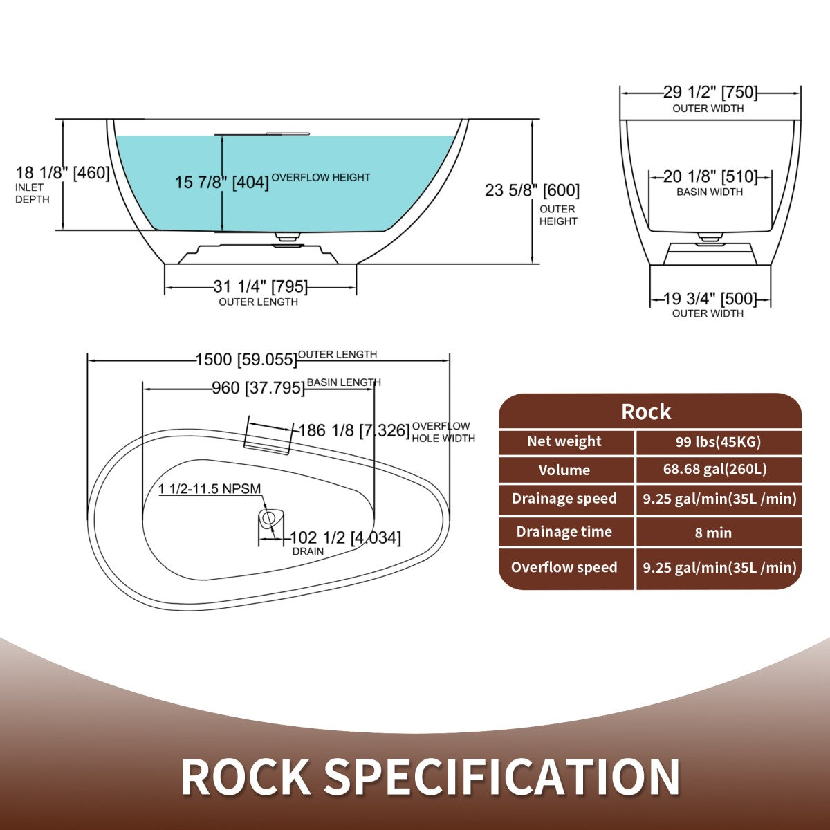 Allsumhome RockE 59" Imitation Natural Stone Freestanding Bathtub,Stone Touch,Black,Scratch-proof,cUPC Certified