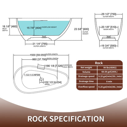 Allsumhome RockE 59" Imitation Natural Stone Freestanding Bathtub,Stone Touch,Black,Scratch-proof,cUPC Certified