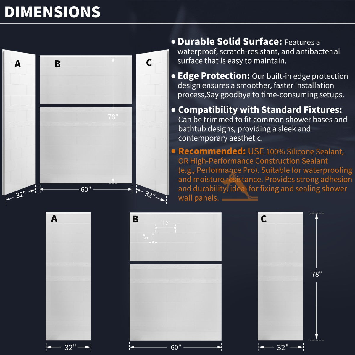 Boo Solid Surface 60"L x 32"W x 78"H Shower Wall Panel Surround,White,Bathroom Tile Renovation,Quick Install,Waterproof,Durable