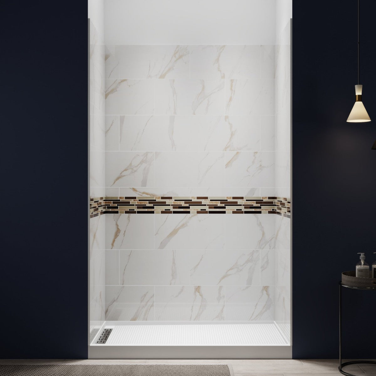 Verona Bathroom Tiles 34"x60"x96"Alcove Stone Shower Wall Kit for Bathroom Remodel,Height adjustable,Fast Installation,Waterproof,Champagne Gold