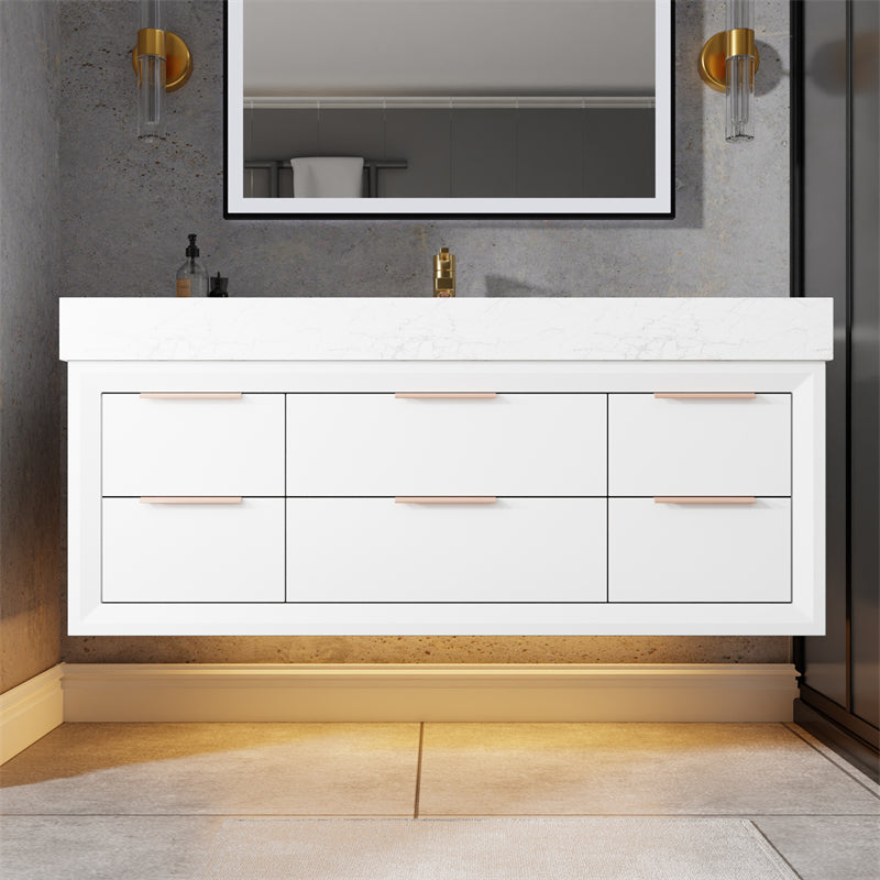 Glam 48" Modern Floating White Rubberwood Bathroom Vanity Cabinet with Lights and Stone Slab Countertop, Single Sinks