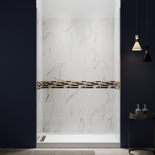 Verona 32" x 60"in Alcove Stone Shower Wall Kit for Bathroom Remodel,Fast Installation,Waterproof,Champagne Gold