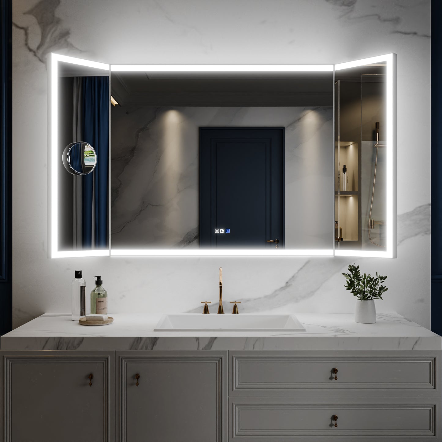 TriFold 66" W x 36" H LED Lighted Tri-Fold Bathroom Mirror, Front & Back Lighting, with Movable 10X Magnifying Mirror