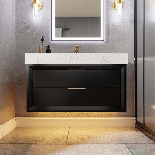 Glam 36" Modern Floating Black Rubberwood Bathroom Vanity Cabinet with Lights and Stone Slab Countertop, Single Sinks