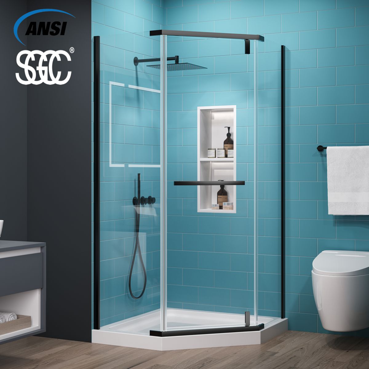 Prism Neo-Angle Frameless Shower Door 38 in. W x 72 in. H,Corner Shower Enclosure,6mm Clear Glass,Pivot Shower Doors,Matte Black,Not Base