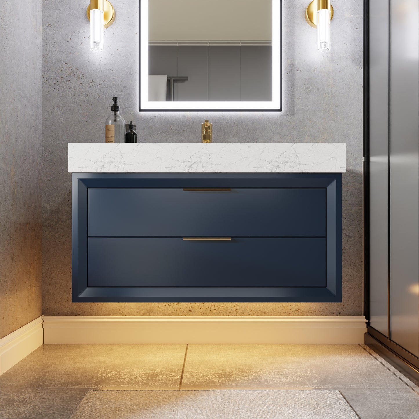 Glam 36" Modern Floating Blue Rubberwood Bathroom Vanity Cabinet with Lights and Stone Slab Countertop, Single Sinks