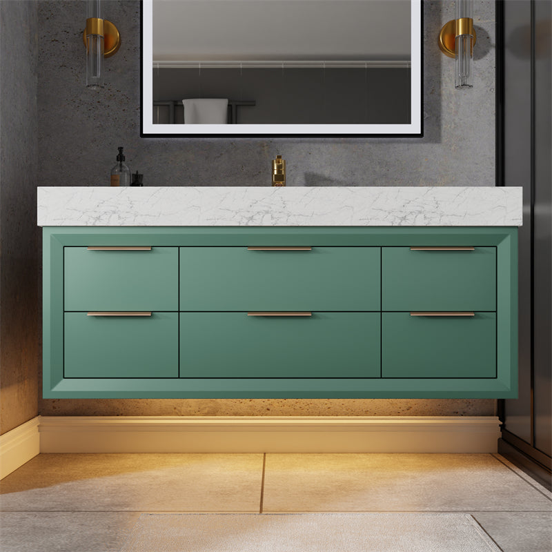 Glam 48" Modern Floating Green Rubberwood Bathroom Vanity Cabinet with Lights and Stone Slab Countertop, Single Sinks