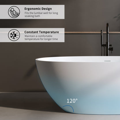 Exbrite 59'' Solid Surface Matte Tub, Solid Surface Soaking Tub, Stone Resin Freestanding Bathtub,Pop-up Drain, Matte White,Oval