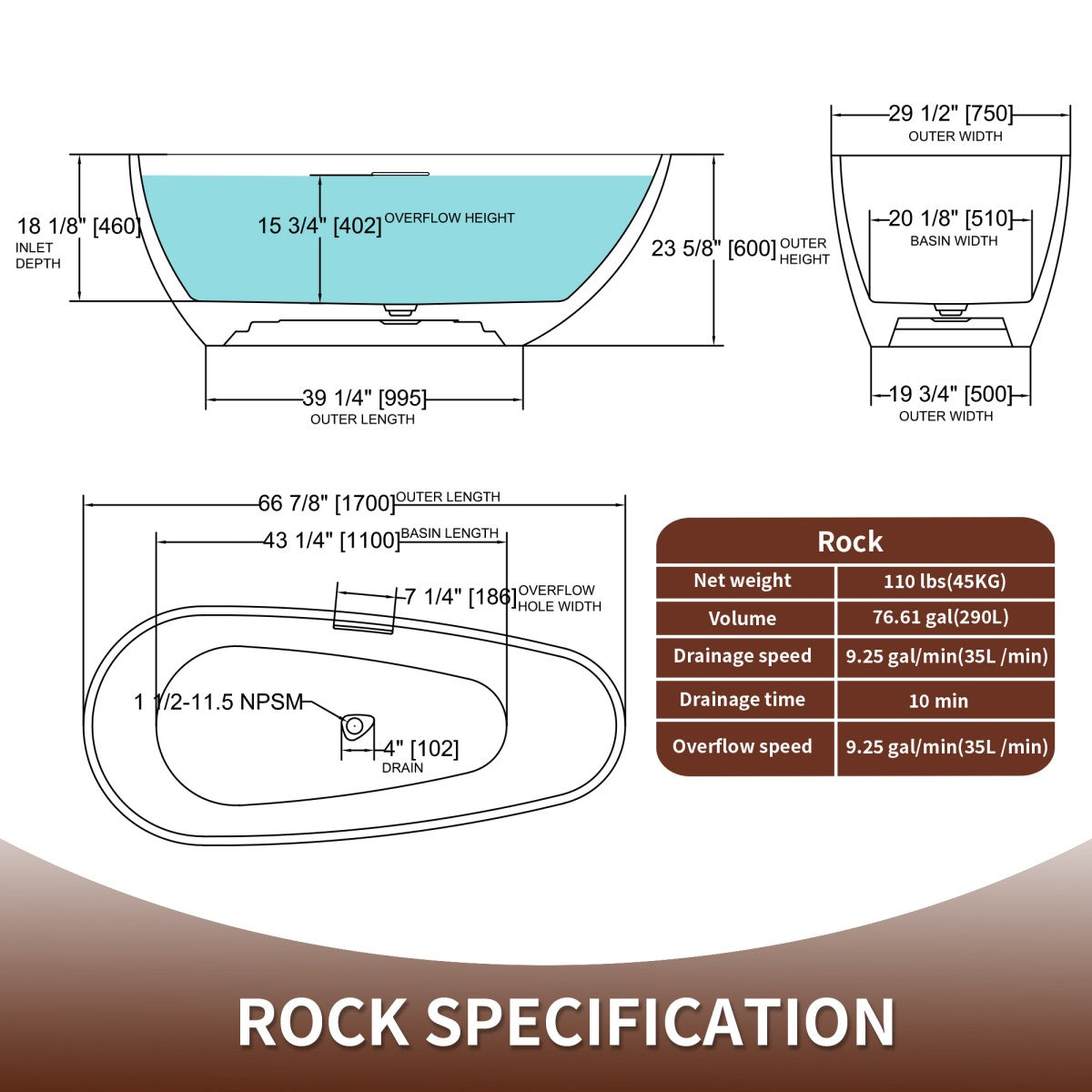 Allsumhome RockE 67" Imitation Natural Stone Freestanding Bathtub,Stone Touch,Prussian Blue,Scratch-proof,cUPC Certified,No Drain