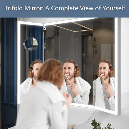 TriFold 48" W x 36" H LED Lighted Tri-Fold Bathroom Mirror, Front & Back Lighting, with Movable 10X Magnifying Mirror