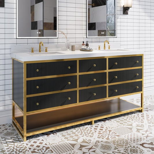 Brillare 72" LED Bath Vanity With Sink,Cultured Marble Top,Black,Solid Oak Build,Soft-Close Hinges,8 in fuaucet holes