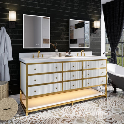 Brillare 72" LED Bath Vanity With Sink,Cultured Marble Top,White,Solid Oak Build,Soft-Close Hinges,8 in fuaucet holes